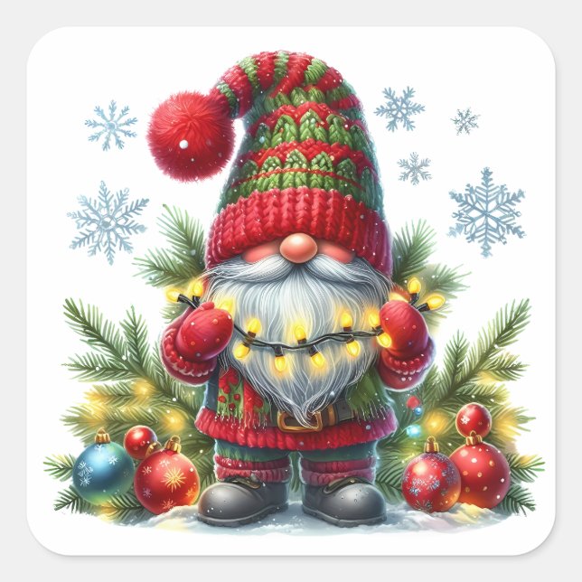Sticker Carré Cozy Christmas Gnome Art – Festive Holiday (Devant)