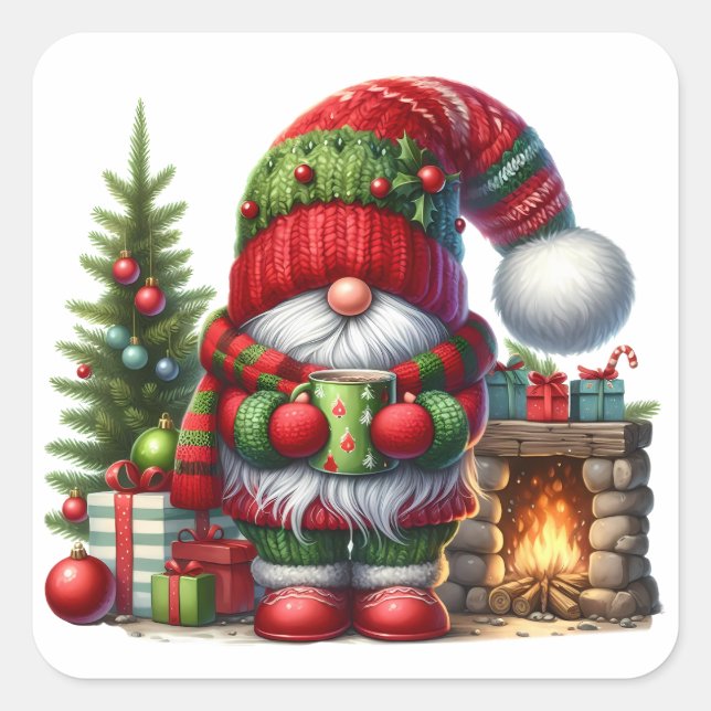 Sticker Carré Cozy Christmas Gnome Art – Festive Holiday (Devant)