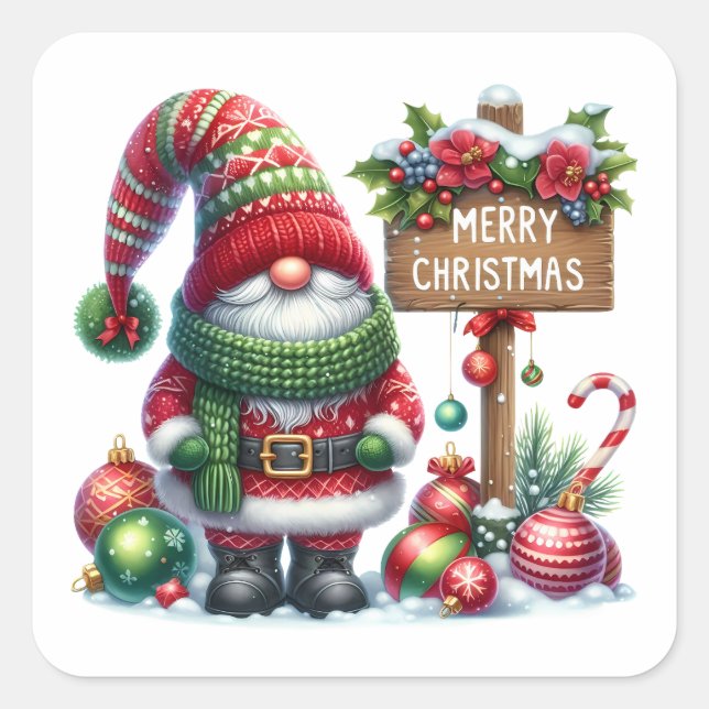 Sticker Carré Cozy Christmas Gnome Art – Festive Holiday (Devant)