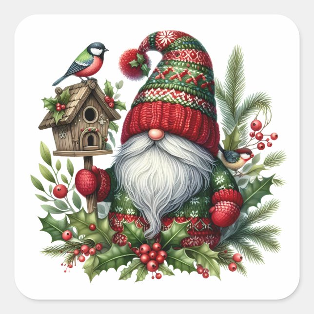 Sticker Carré Cozy Christmas Gnome Art – Festive Holiday (Devant)