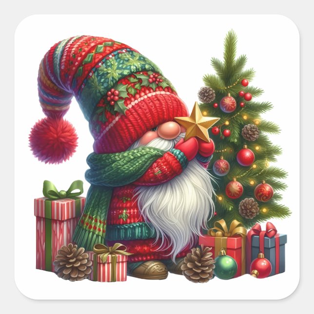 Sticker Carré Cozy Christmas Gnome Art – Festive Holiday (Devant)