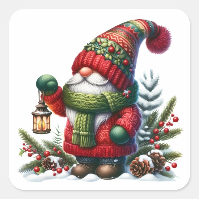 Sticker Carré Cozy Christmas Gnome Art – Festive Holiday (Devant)