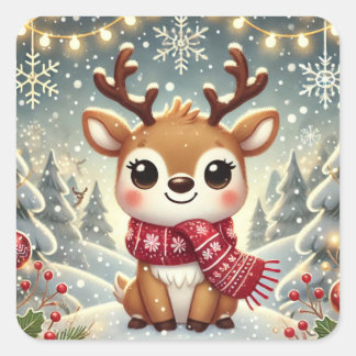Sticker Carré Cozy Christmas Reindeer in a Winter Wonderland