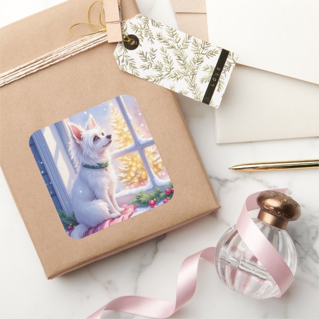 Sticker Carré Cozy Maltese by Snowy Window Christmas Dog Art (Cadeaux)