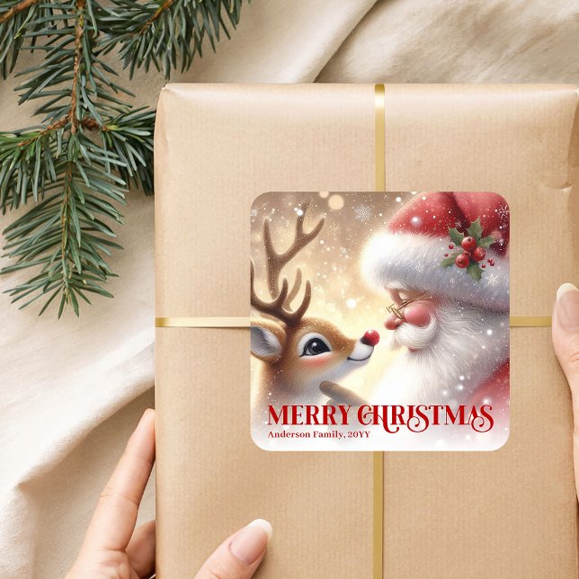 Sticker Carré Cozy Santa Rudolph Personalized Christmas Kids  (Cozy Santa Rudolph Personalized Christmas Kids Holiday Sticker

)