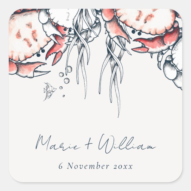 Sticker Carré Crabe sous-marin de la Marine Rouge Corail Mariage (Devant)