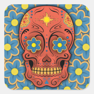 Sticker Carré Crâne à sucre - Jour des Morts (Bleus Daisies)