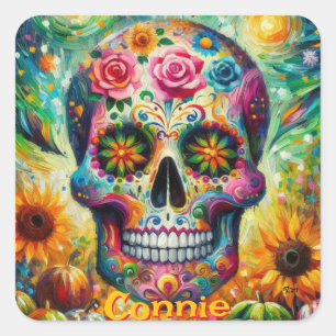 Sticker Carré Crâne à sucre Roses tournesol personnalisé