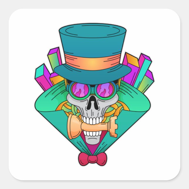 Sticker Carré Crâne aux échecs avec pièce d'échecs Rook (Devant)