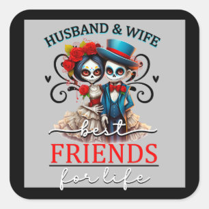 Sticker Carré Crâne de Sucre de Couple Mignon