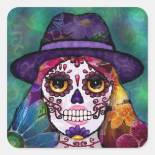 Sticker Carré Crâne de sucre hippie floral abstrait fantaisiste