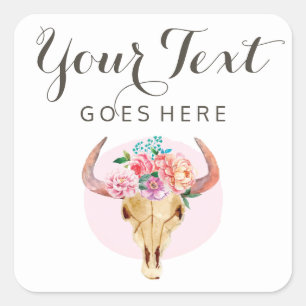 Sticker Carré Crâne de vache aquarelle bohème rustique floral ro