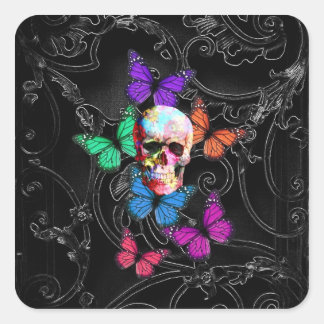 Sticker Carré Crâne d'Imaginaire et papillons colorés