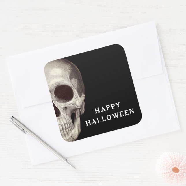 Sticker Carré Crâne effrayant noir Joyeux Halloween (Enveloppe)