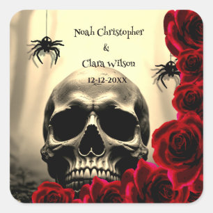 Sticker Carré Crâne effrayant Roses noires et rouges Gothique Ha