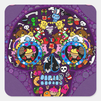 Sticker Carré Crâne en art sucré Kawaii Doodle personnalisé