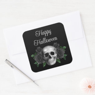 Sticker Carré Crâne floral gothique noir Halloween