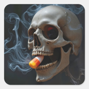 Sticker Carré Crâne fumant Halloween mordant le maïs de bonbon