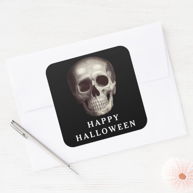 Sticker Carré Crâne noir effrayant Halloween heureux (Enveloppe)