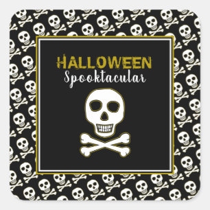 Sticker Carré Crâne & Os, Soirée Halloween en Or