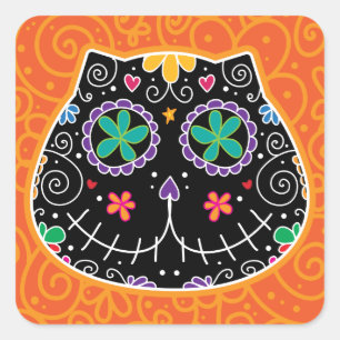 Sticker Carré Crâne sucre Chat noir Jour des morts