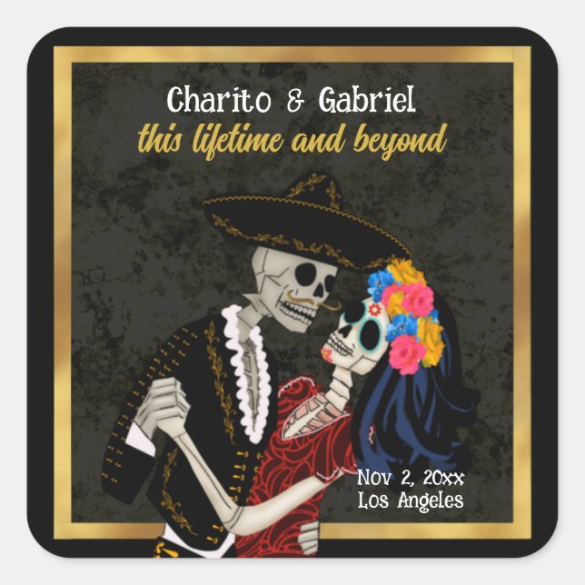 Sticker Carré Crânes à sucre Charro et Catrina Noir (Devant)