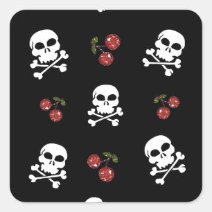 Sticker Carré Crânes et cerises Rockabilly RAB sur fond noir