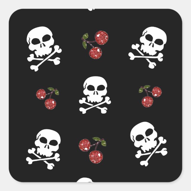Sticker Carré Crânes et cerises Rockabilly RAB sur fond noir (Devant)