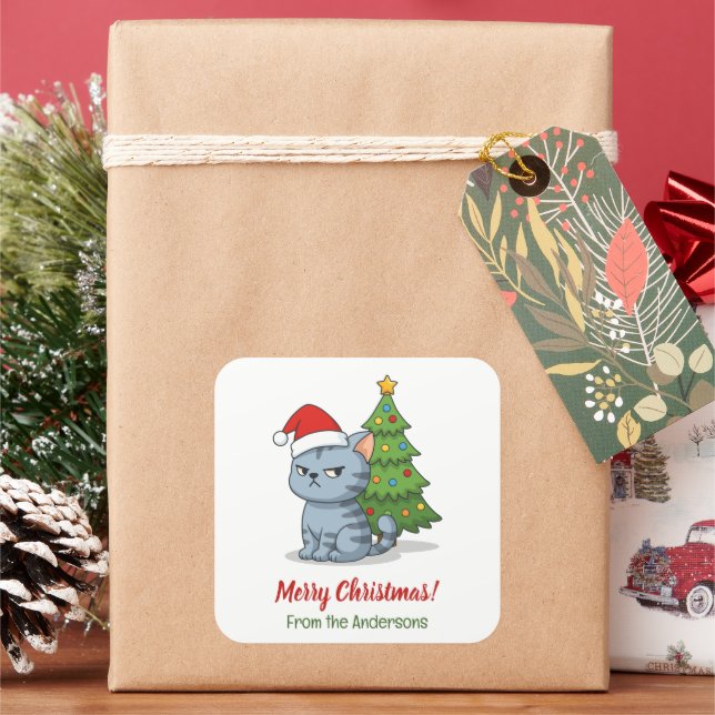 Sticker Carré Cranky Grey Tabby Cat Red Hat Christmas Tree (vacances)