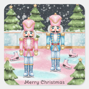 Sticker Carré Craqueurs roses et bleus debout sur une patinoire