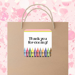 Sticker Carré Crayon Anniversaire de enfant Party Pink Merci ver