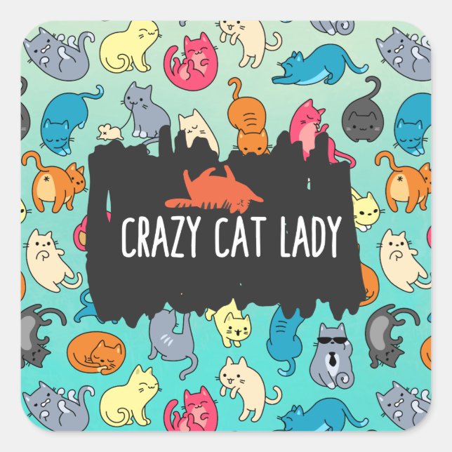 Sticker Carré Crazy Cat Lady Cute et Playay Cat Motif (Devant)