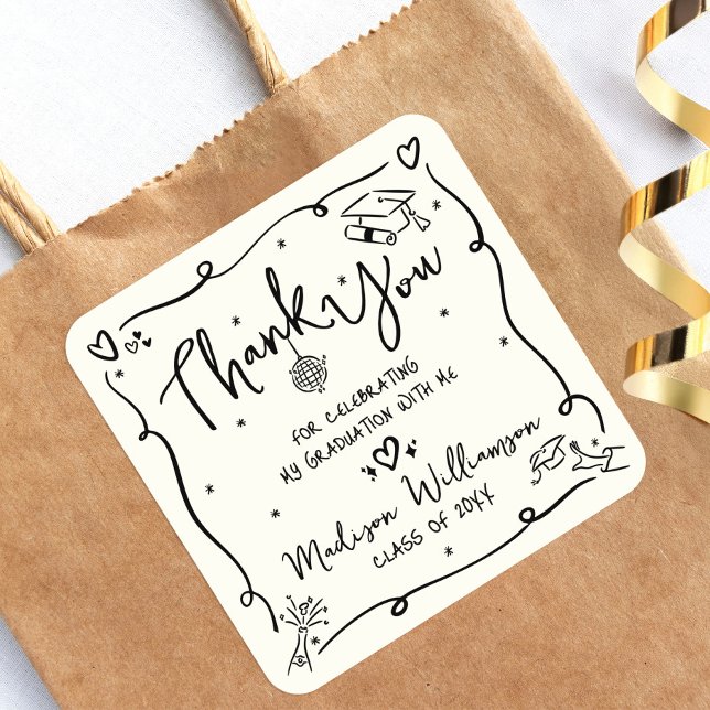Sticker Carré Cream Black Hand Drawn Doodle Graduation Thank You (Créateur téléchargé)