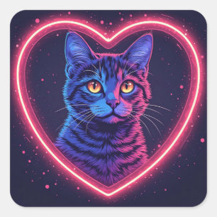 Sticker Carré Création de cœur de chat néon – Amour de chaton lu