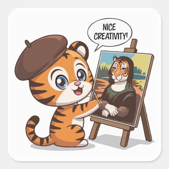 Sticker Carré Creative Tiger Cub - Retour à la peinture scolaire (Devant)