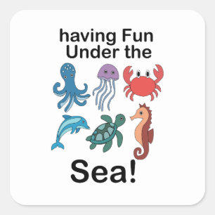 Sticker Carré Créatures marines s'amusant sous la mer Anniversai