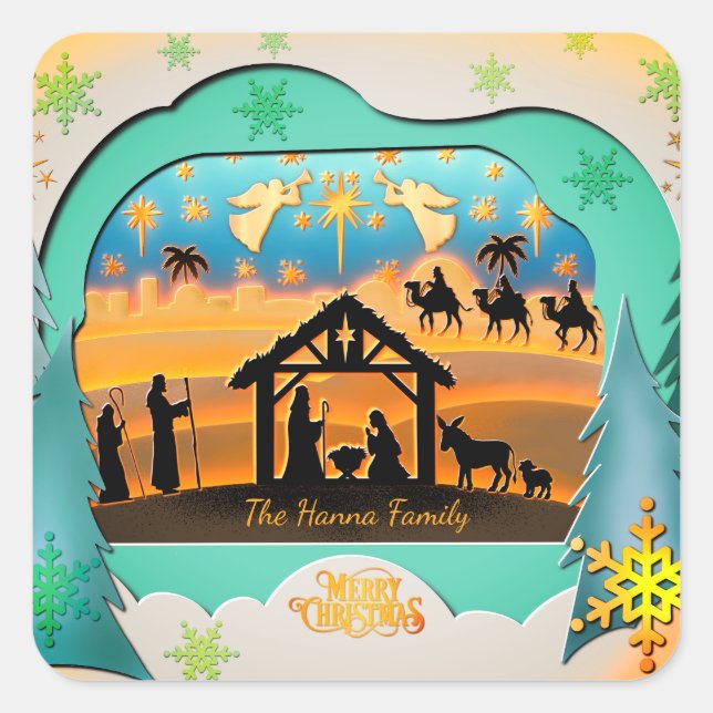 Sticker Carré Crèche de Noël 3D | Fête religieuse (Devant)