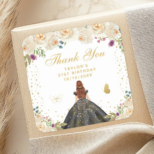 Sticker Carré Crème Floral Brown Cheveux Princesse Anniversaire