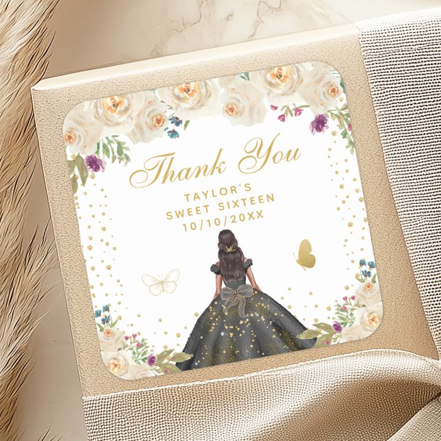 Sticker Carré Crème Floral Peau foncée Princesse Sweet sixteen (Créateur téléchargé)