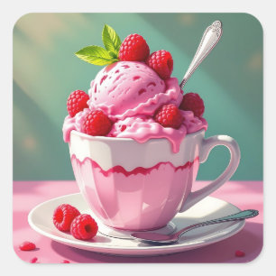 Sticker Carré Crème glacée framboise dans une coupe de café rose