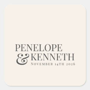 Sticker Carré Crème ivoire classique Élégante Noms de Mariage Pe