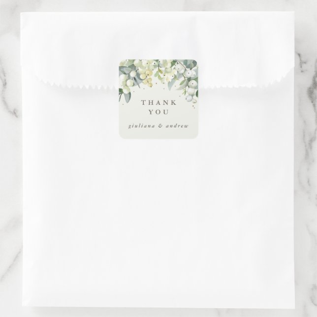 Sticker Carré Crème Snowberry+Eucalyptus Merci Mariage (Sac)