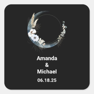 Sticker Carré Crescent Bleu Lune avec Mariage Fleurs Blanches