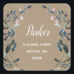 Sticker Carré Crest jardin | Rustic Kraft Floral Adresse de reto<br><div class="desc">Personnalisez ce magnifique autocollant avec votre nom et votre adresse de retour en utilisant les modèles fournis. Doté de fleurs d'aquarelle peintes et de feuilles dans des tons bleus neutres. Cet autocollant se coordonne parfaitement avec notre collection de faire-part de mariage "Garden Crest". N'oubliez pas de jeter un oeil à...</div>
