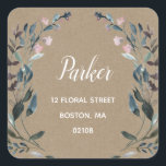 Sticker Carré Crest jardin | Rustic Kraft Floral Adresse de reto<br><div class="desc">Personnalisez ce magnifique autocollant avec votre nom et votre adresse de retour en utilisant les modèles fournis. Doté de fleurs d'aquarelle peintes et de feuilles dans des tons bleus neutres. Cet autocollant se coordonne parfaitement avec notre collection de faire-part de mariage "Garden Crest". N'oubliez pas de jeter un oeil à...</div>