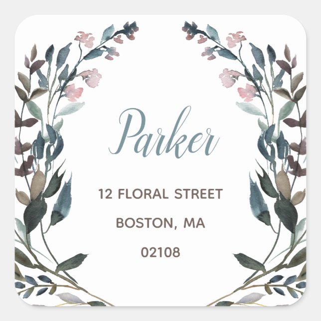 Sticker Carré Crest jardin | White Blue Floral Adresse de retour (Devant)