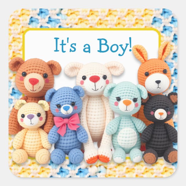 Sticker Carré Crocheted Stuffed Animals | It's a Boy (Devant)