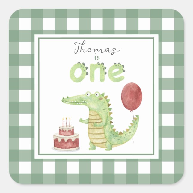 Sticker Carré Crocodile d'aquarelle 1er anniversaire (Devant)