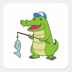 Sticker Carré Crocodile Pêche Pêcheur Pêcheur canne à pêche