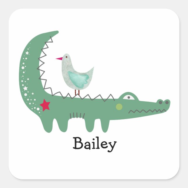 Sticker Carré Crocodile vert mignon avec une mouette sur son dos (Devant)